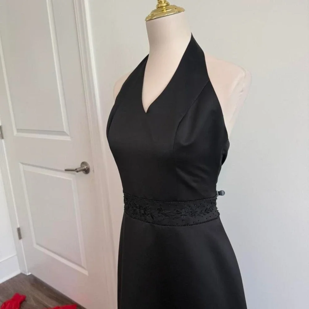 Vintage By Venus Black Satin‎ Halter Gown w/ Beaded Waist — Size 8